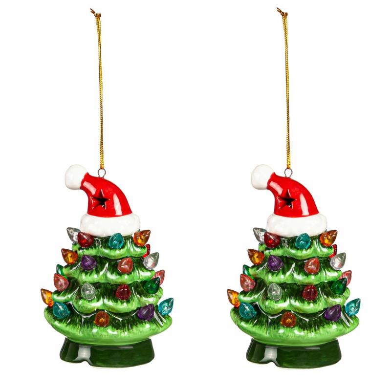 Candles & Lighting |   4" Led Ceramic Christmas Tree Ornament With Santa Hat, Set Of 2, 2.55"W x 3.74"H x 2.55"D Candles & Lighting Candles & Lighting