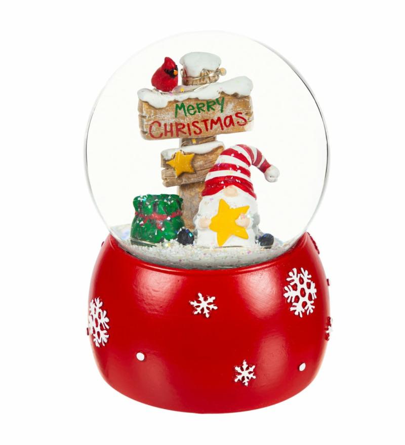 Decorative Accents |   Led Polyresin Water Globe With Gnome Icon, Merry Christmas, 5.67"W x 5.67"H x 5.67"D Decorative Accents Decorative Accents