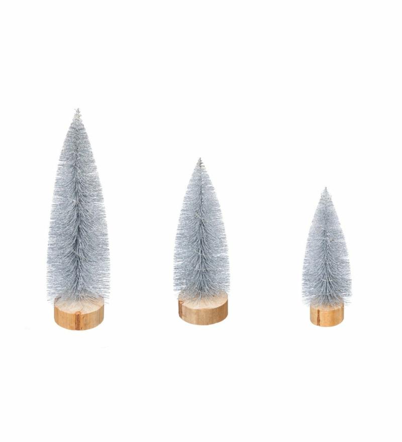 Decorative Accents |   Set Of 3 Silver Glitter Led Bottlebrush Trees, 3.5"W x 10.8"H x 3.5"D Decorative Accents Decorative Accents