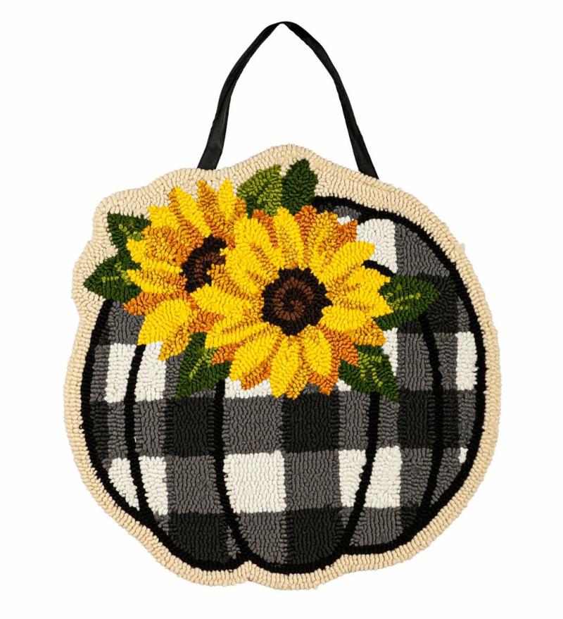 Door Decor & Wreaths |   Check Pumpkin And Sunflowers Hooked Door Decor, 0.5"W x 18"H x 18"D Door Decor & Wreaths Door Decor & Wreaths