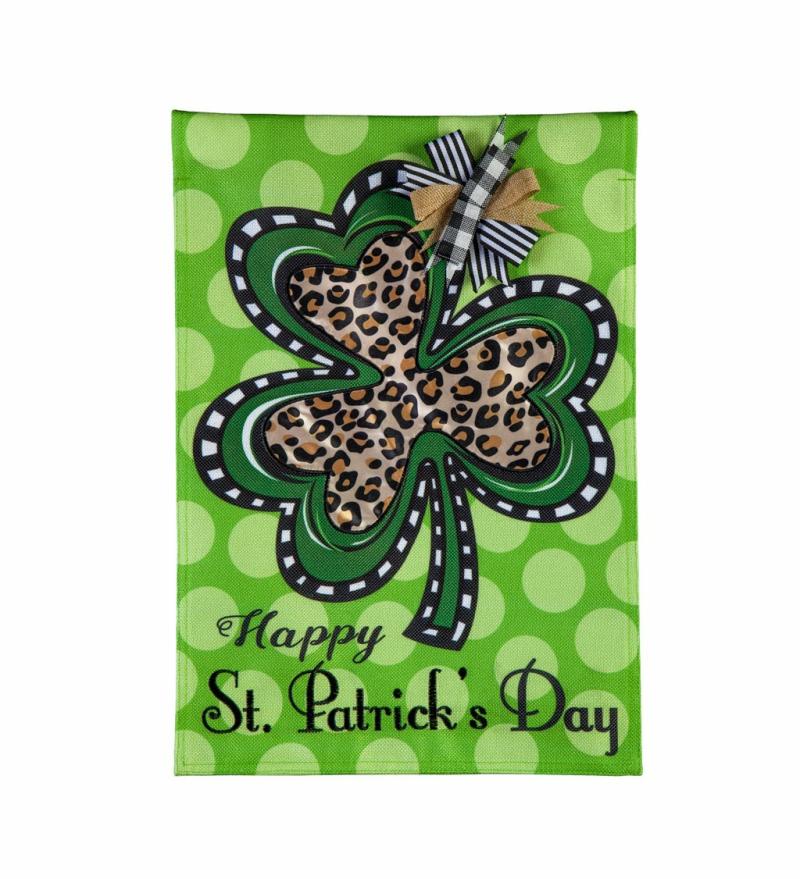 Garden Flags |   Animal Print Shamrock Garden Burlap Flag, 12.5"W x 18"H x 0.2"D Garden Flags Garden Flags