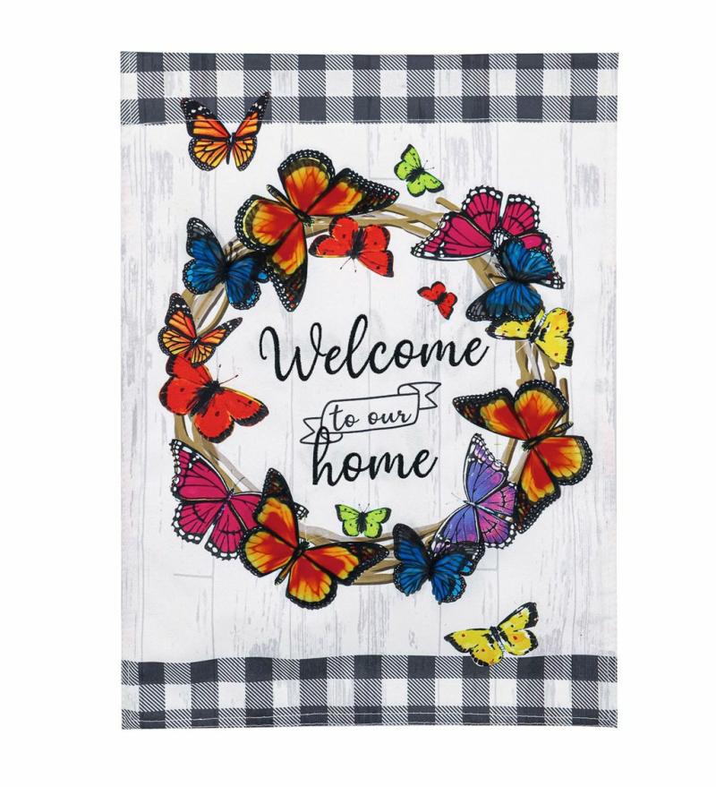 Garden Flags |   Butterfly Welcome Wreath Garden Linen Flag, 12.5"W x 18"H x 0.2"D Garden Flags Garden Flags