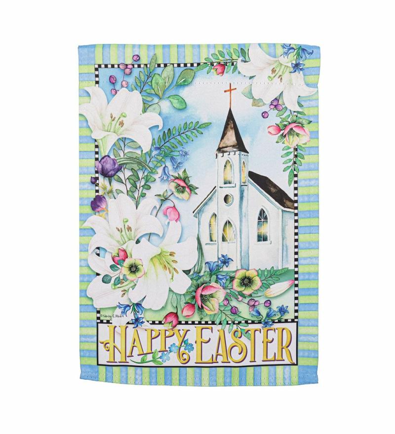 Garden Flags |   Easter Church With Flowers Garden Suede Flag, 0.02"W x 18"H x 12.5"D Garden Flags Garden Flags