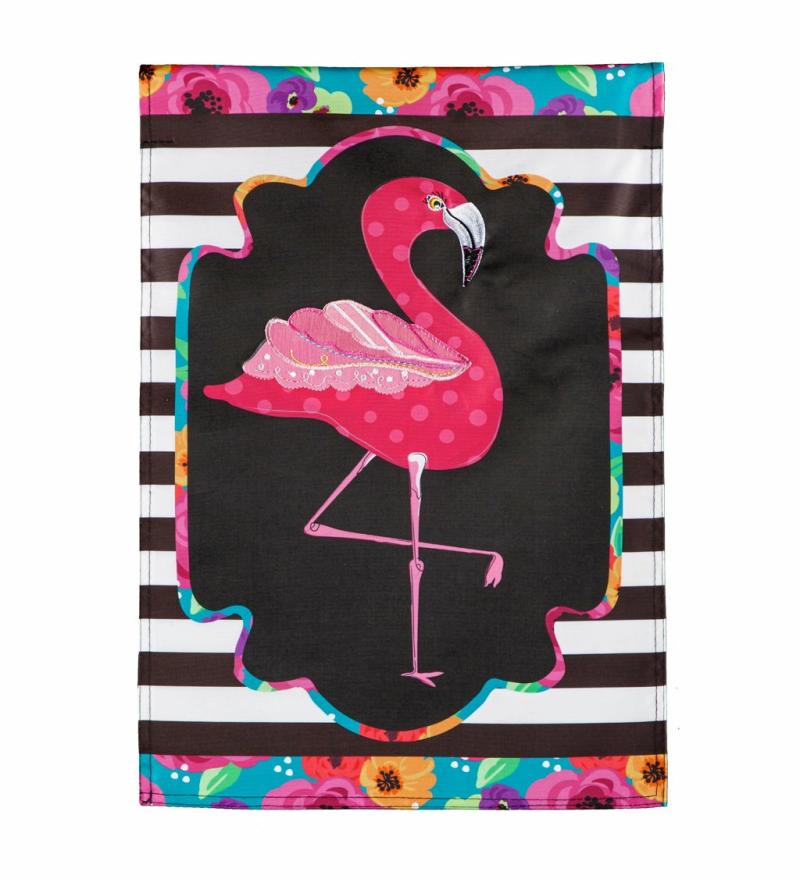 Garden Flags |   Flamingo Stripes And Flowers Garden Applique Flag, 18"W x 0.2"H x 12.5"D Garden Flags Garden Flags