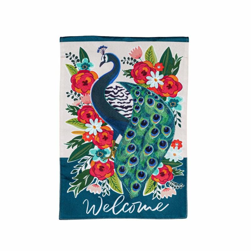 Garden Flags |   Floral Peacock Garden Linen Flag, 12.5"W x 18"H x 0.2"D Garden Flags Garden Flags