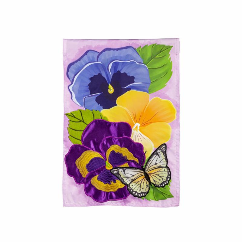 Garden Flags |   Pansy&Butterfly Applique Garden Flag, 12.5"W x 18"H x 0.2"D Garden Flags Garden Flags