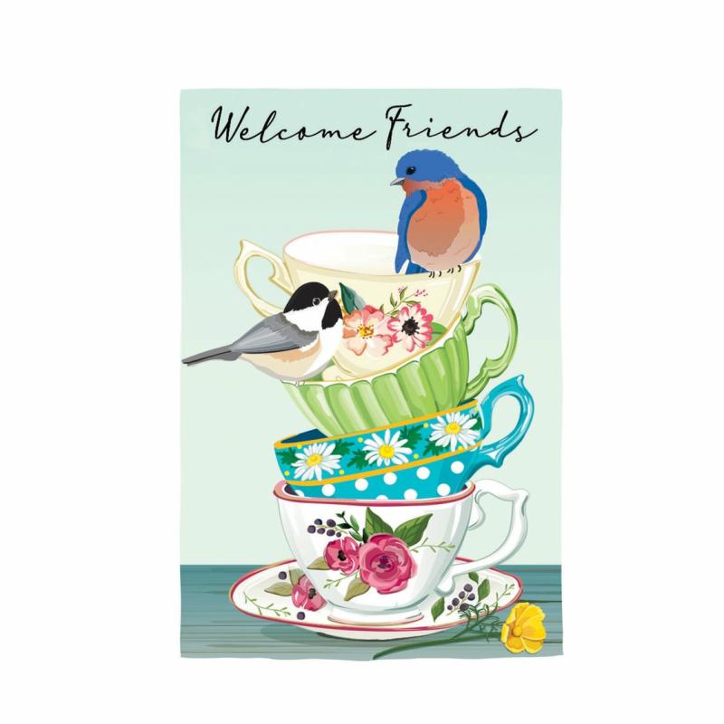 Garden Flags |   Songbirds And Teacups Applique Garden Flag, 12.5"W x 18"H x 0.2"D Garden Flags Garden Flags