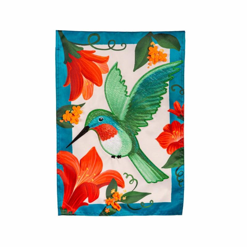 Garden Flags |   Spring Hummingbird Applique Garden Flag, 12.5"W x 18"H x 0.2"D Garden Flags Garden Flags