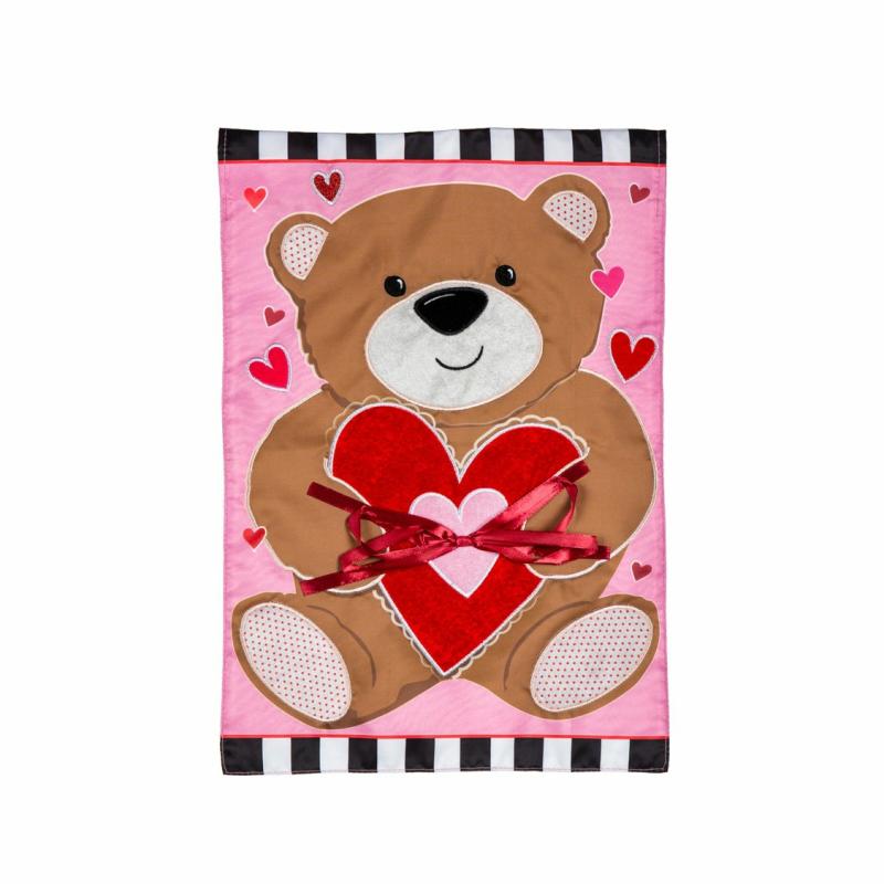 Garden Flags |   Valentine’s Bear Applique Garden Flag, 12.5"W x 18"H x 0.2"D Garden Flags Garden Flags