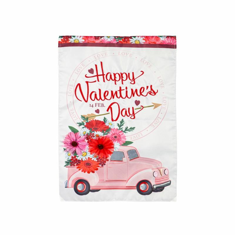 Garden Flags |   Valentine’s Flower Truck Applique Garden Flag, 12.5"W x 18"H x 0.2"D Garden Flags Garden Flags