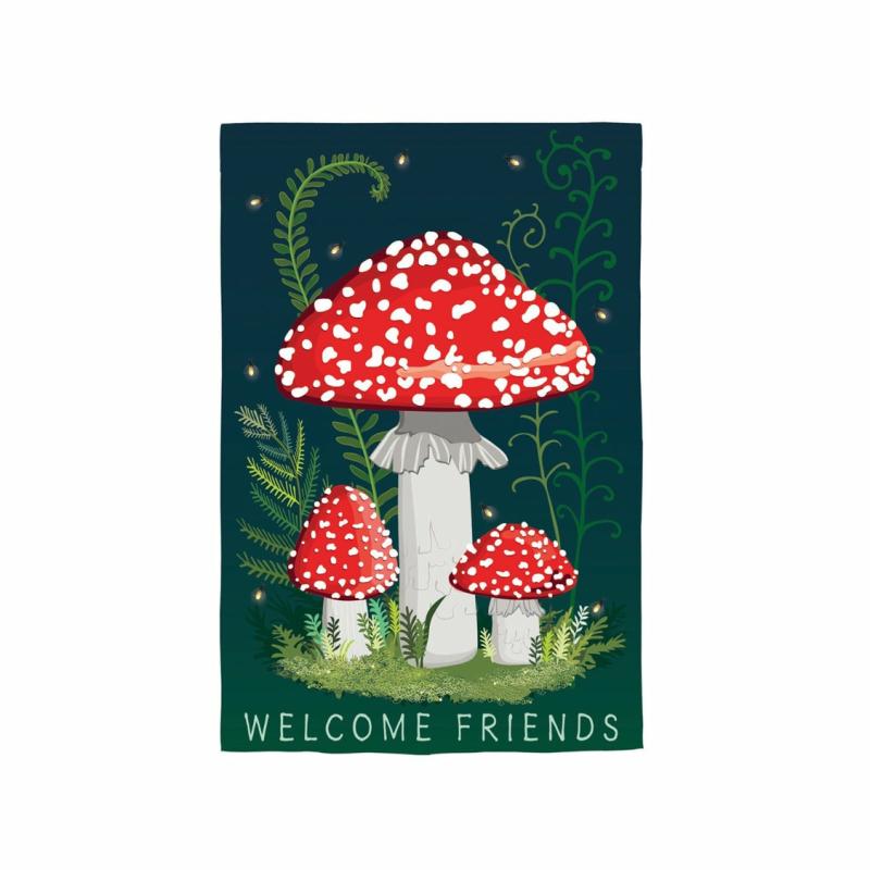 Garden Flags |   Welcome Friends Mushroom Linen Garden Flag, 12.5"W x 18"H x 0.2"D Garden Flags Garden Flags