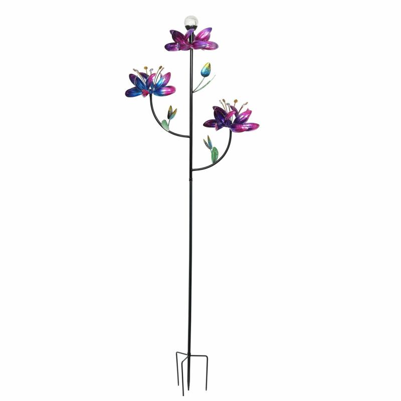 Garden Stakes |   Primary Multi Solar Triple Flower Wind Spinner, 39.37"W x 91.73"H x 12.2"D Garden Decor Garden Stakes