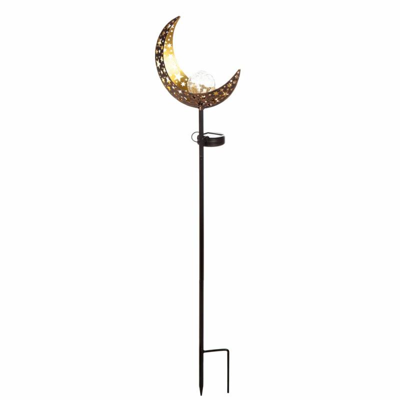 Garden Stakes |   Solar Garden Stake W Crackle Glass Globe, Moon, 2.76"W x 34.25"H x 7.87"D Garden Decor Garden Stakes