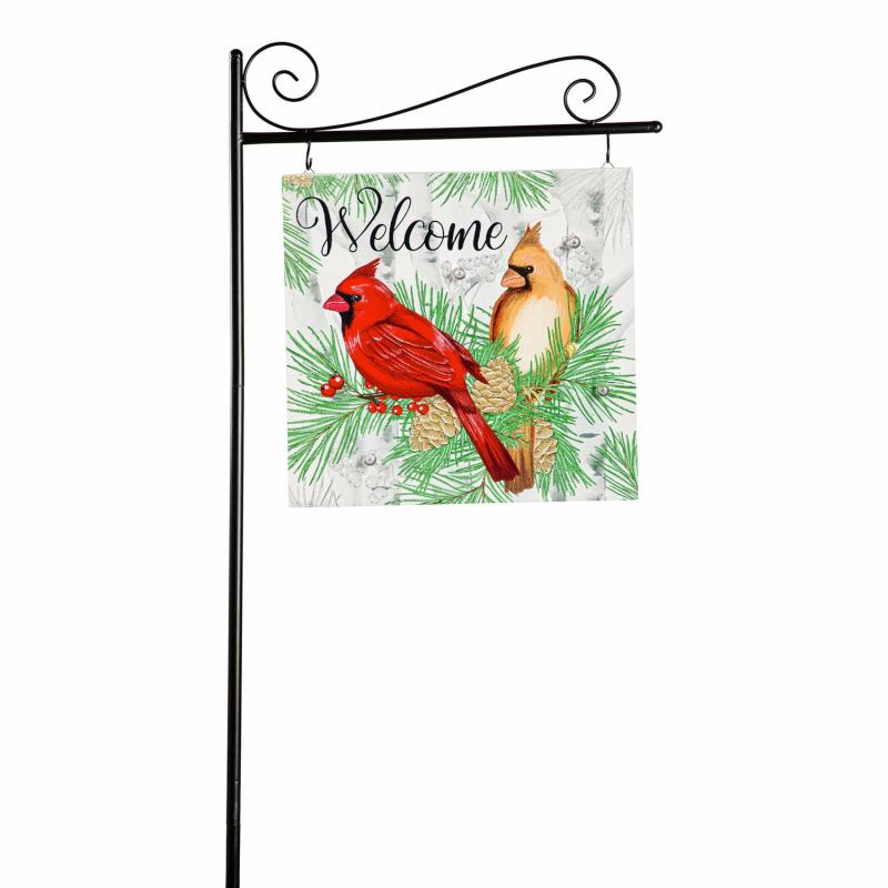 Garden Stakes |   Solar Sign-Sational Greeter With Stake, Winter Cardinal Couple, 3.54"W x 54.92"H x 19.49"D Garden Decor Garden Stakes