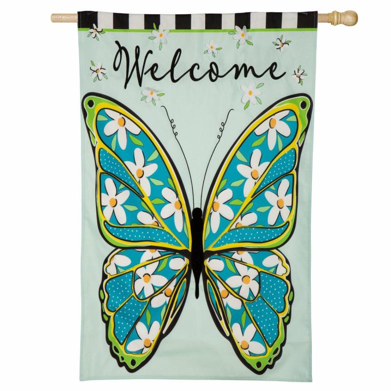 House Flags |   Floral Butterfly Welcome Linen House Flag, 0.5"W x 44"H x 28"D House & Garden Flags House Flags