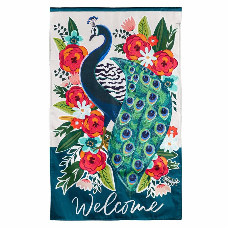 House Flags |   Floral Peacock House Linen Flag, 0.25"W x 44"H x 28"D House & Garden Flags House Flags