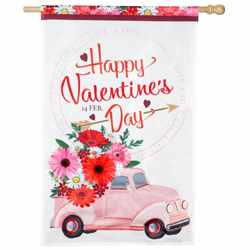 House Flags |   Valentine’s Flower Truck Applique House Flag, 0.25"W x 44"H x 28"D House & Garden Flags House Flags