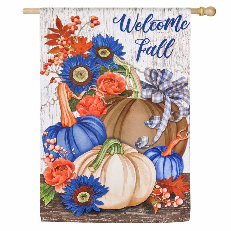 House Flags |   Welcome Fall Pumpkin And Floral Suede House Flag, 0.02"W x 43"H x 29"D House & Garden Flags House Flags