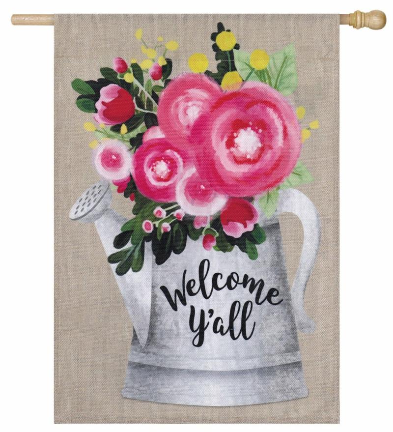 House Flags |   Welcome Y’All Floral Can House Burlap Flag, 28"W x 44"H x 0.45"D House & Garden Flags House Flags