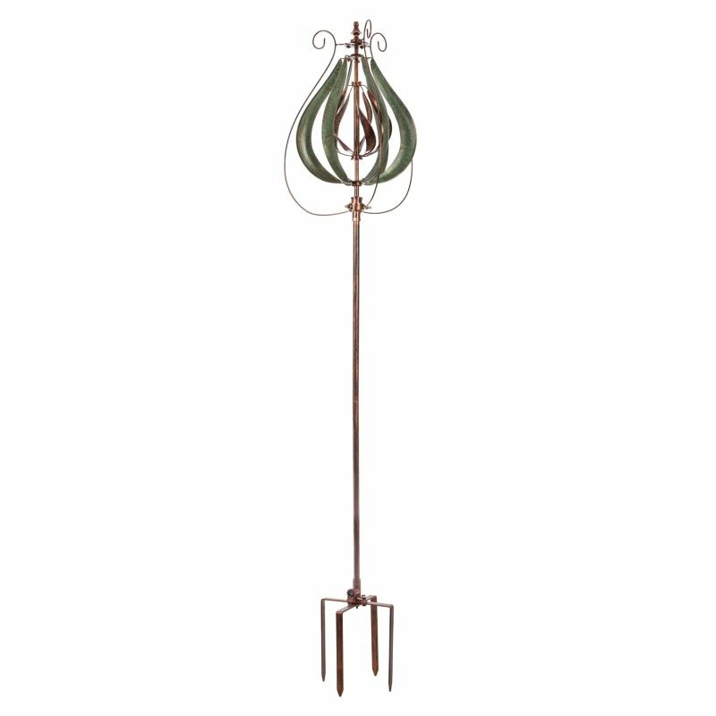 Kinetics & Wind Spinners |   87.5"H Misting Wind Spinner, Copper And Verdigris Tulip, 20"W x 87.5"H x 20"D Garden Decor Garden Stakes