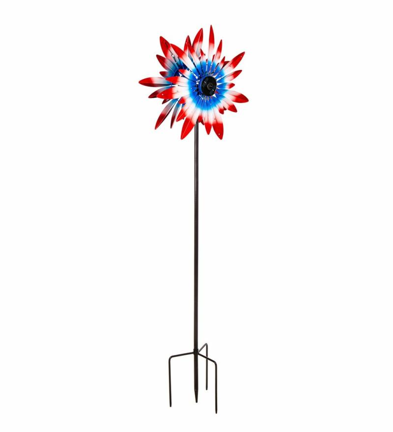 Kinetics & Wind Spinners |   75"H Solar Wind Spinner With Running Lights, Patriotic Expressions, 74.75"W x 10.25"H x 23"D Garden Decor Garden Stakes