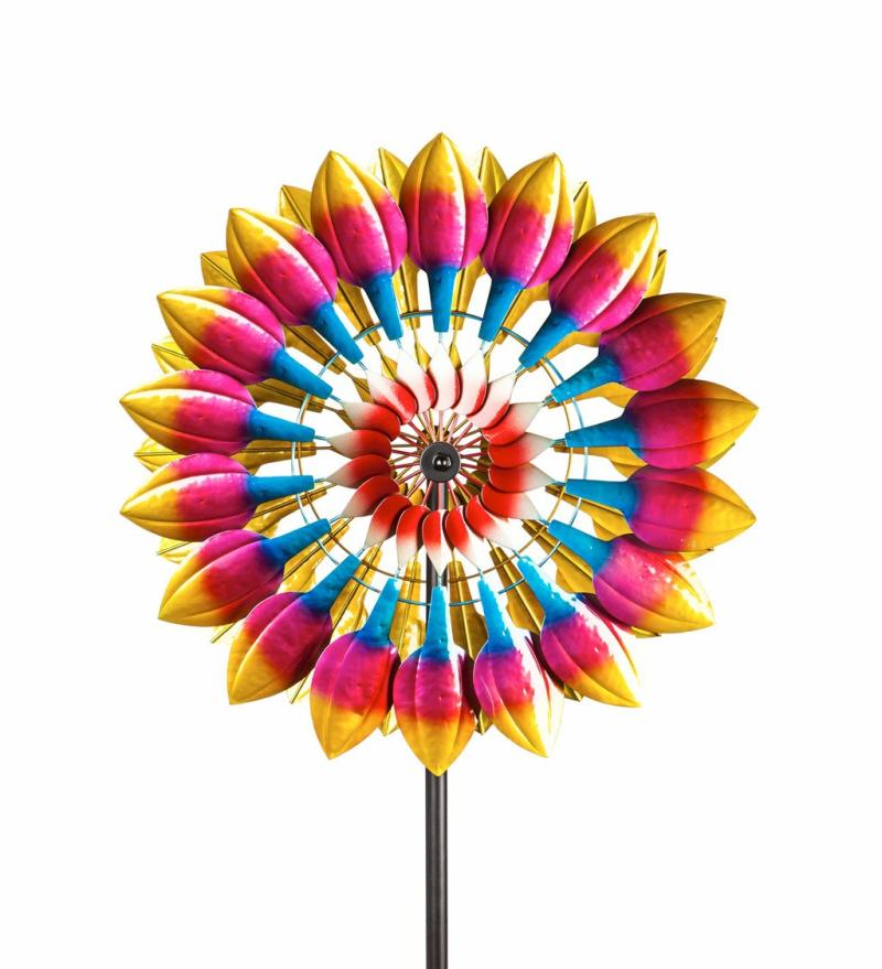 Kinetics & Wind Spinners |   75"H Wind Spinner, Magenta Tulip Petals, 10.25"W x 75"H x 24"D Garden Decor Garden Stakes