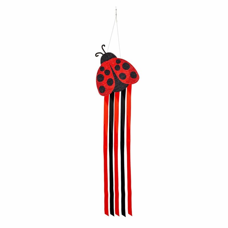 Kinetics & Wind Spinners |   Ladybug Welcome Shaped Fabric Wind Spinner, 0.1"W x 40"H x 10.5"D Garden Decor Kinetics & Wind Spinners