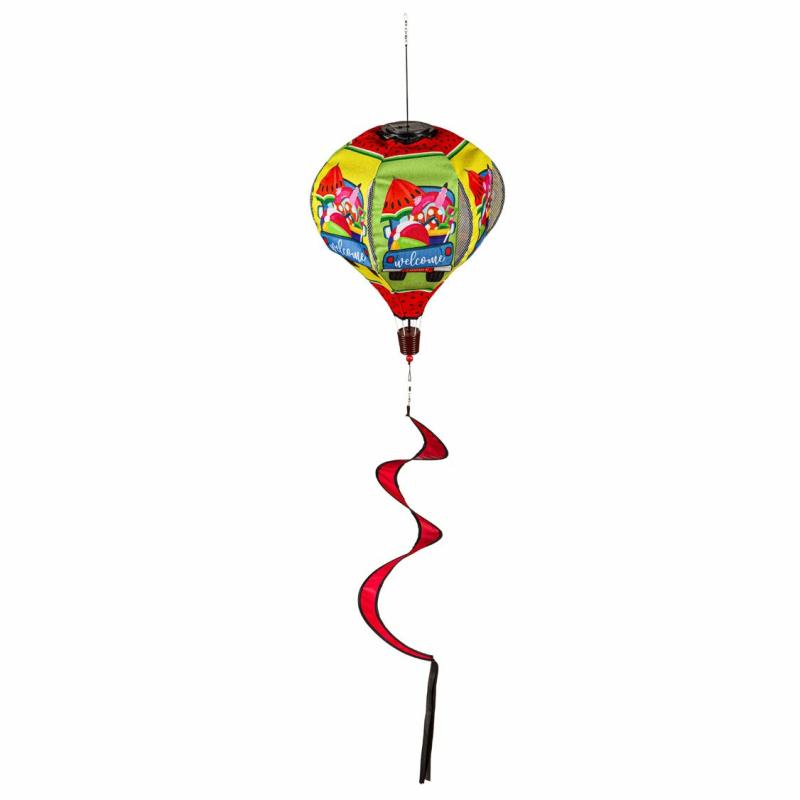 Kinetics & Wind Spinners |   Welcome Summer Truck Solar Lit Burlap Balloon Spinner, 15"W x 55"H x 15"D Garden Decor Kinetics & Wind Spinners