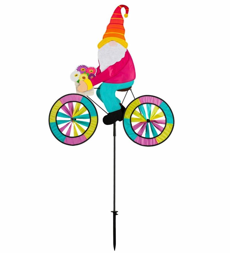 Kinetics & Wind Spinners |   Spring Gnome Bicycle Spinner, 29"W x 57"H x 3.15"D Garden Decor Kinetics & Wind Spinners