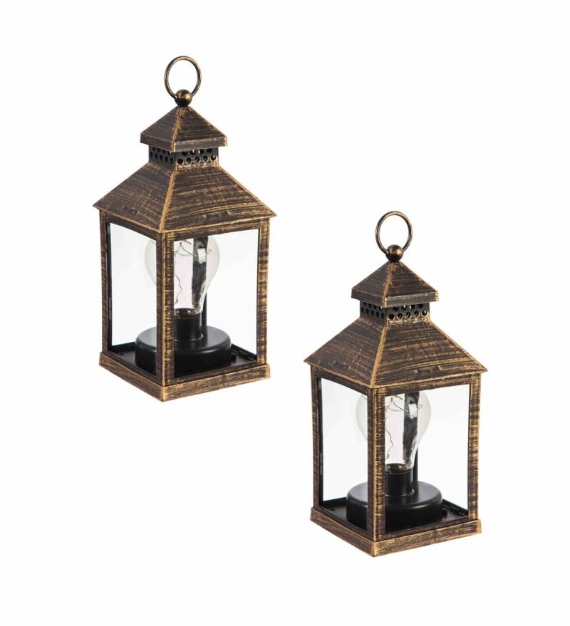 Lanterns & Outdoor Lights |   8.5"H Battery Operated Twinkling Light Bulb Lantern, Black With Brushed Gold, 9.17"W x 4.13"H x 4.13"D Lanterns & Outdoor Lights Lanterns & Outdoor Lights