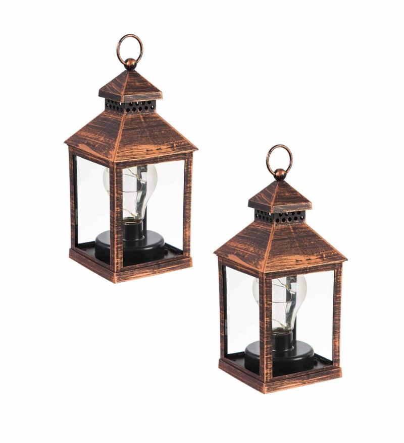 Lanterns & Outdoor Lights |   8.5"H Battery Operated Twinkling Light Bulb Lantern, Brushed Bronze, 9.17"W x 4.13"H x 4.13"D Lanterns & Outdoor Lights Lanterns & Outdoor Lights