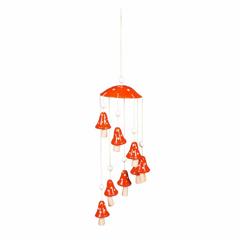 Mobiles & Suncatchers |   Red Mushroom Ceramic Hanging Garden Décor, 6.3"W x 27.56"H x 6.3"D Porch & Patio Decor Mobiles & Suncatchers