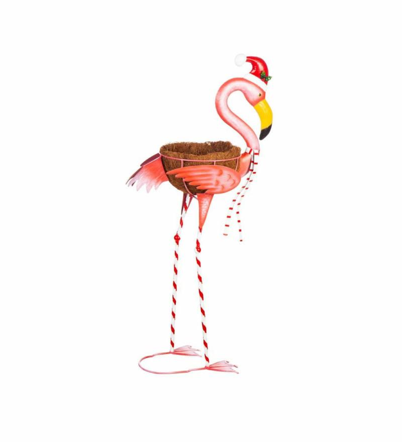 Pots & Planters |   39"H Metal Winter Flamingo Planter W/Santa Hat, 38.98"W x 18.5"H x 10.63"D Porch & Patio Decor Pots & Planters