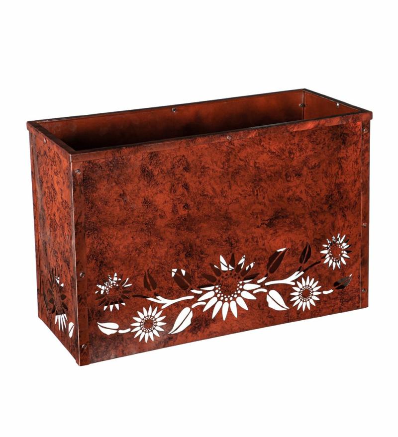 Pots & Planters |   Rust Finished Outdoor Planter With Laser Cut Artwork, Sunflowers, 12.5"W x 20"H x 30"D Porch & Patio Decor Pots & Planters