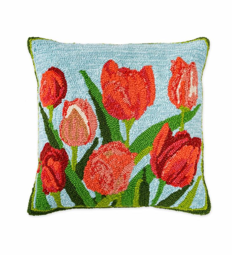 Rugs & Pillows |   Indoor/Outdoor Pink Tulips Hooked Polypropylene Throw Pillow 18"X18", 18"W x 1.5"H x 18"D Home Decor Rugs & Pillows