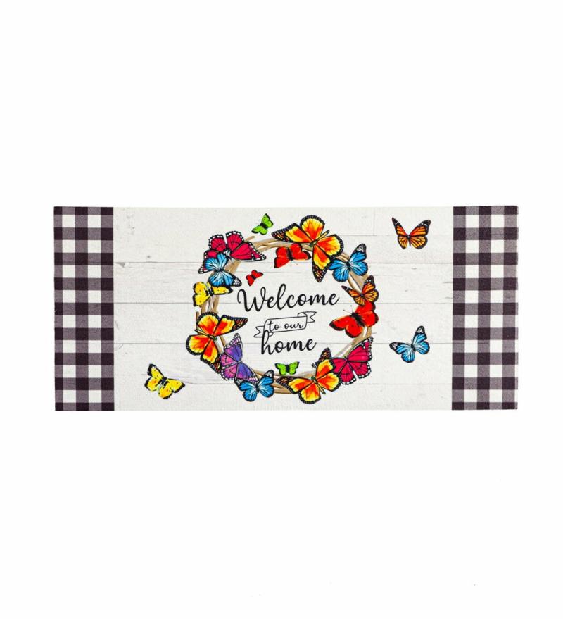 Sassafras Doormats |   Butterfly Welcome Wreath Sassafras Switch Mat, 22"W x 10"H x 0.25"D Door Mats Sassafras Doormats