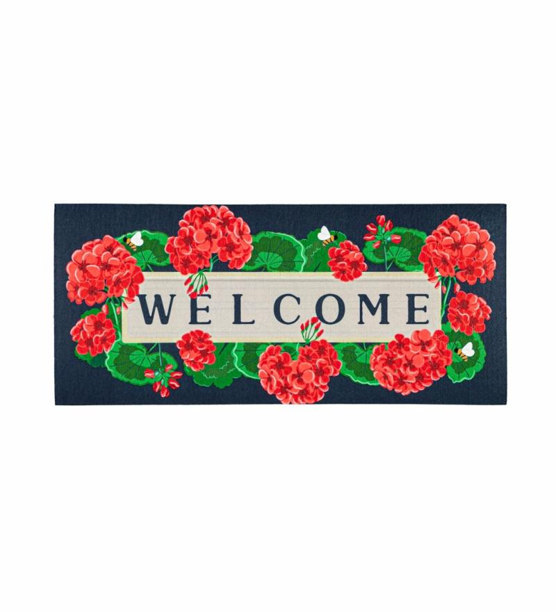 Sassafras Doormats |   Geraniums Welcome Textured Sassafras Switch Mat, 0.25"W x 10"H x 22"D Door Mats Sassafras Doormats