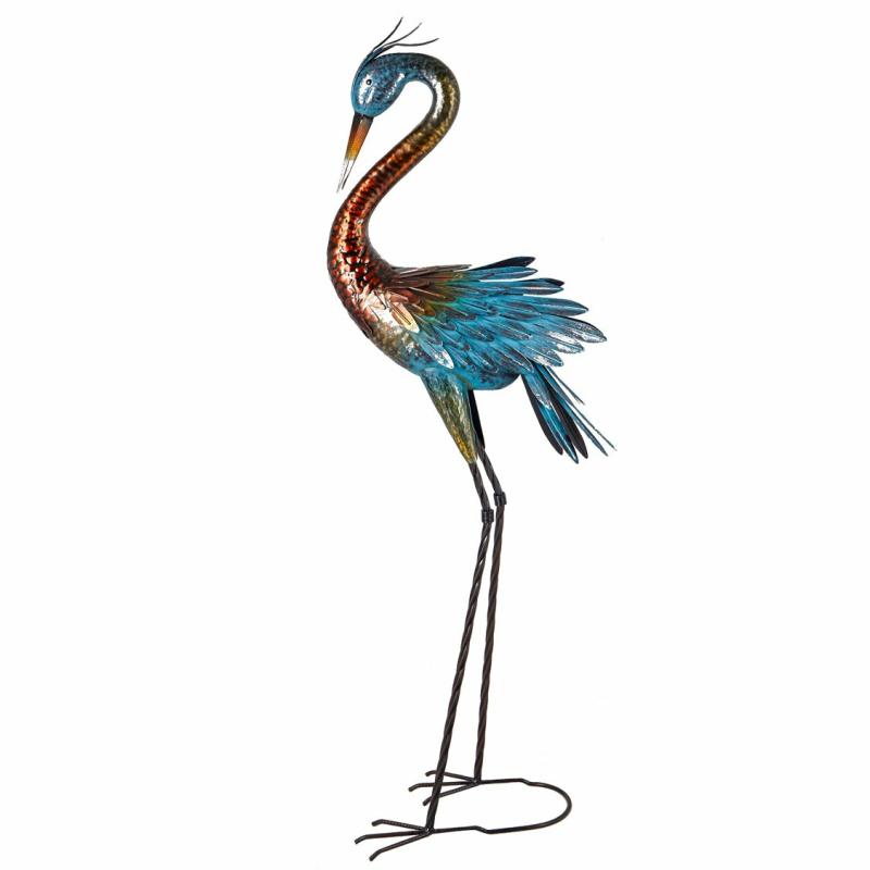 Statues & Sculptures |   Crane With Verdigris Wings Curved Metal Garden Statue, 9.45"W x 48.03"H x 18.9"D Garden Decor Statues & Sculptures