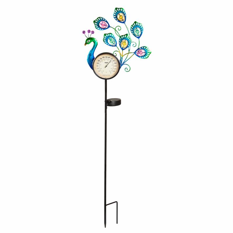 Thermometers & Rain Gauges |   Solar Peacock Thermometer Stake, 36"W x 1.2"H x 8.3"D Garden Decor Thermometers & Rain Gauges