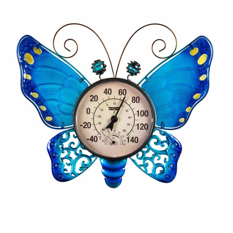 Thermometers & Rain Gauges |   Butterfly Outdoor Wall Thermometer, Blue, 13.2"W x 12"H x 1.77"D Garden Decor Thermometers & Rain Gauges