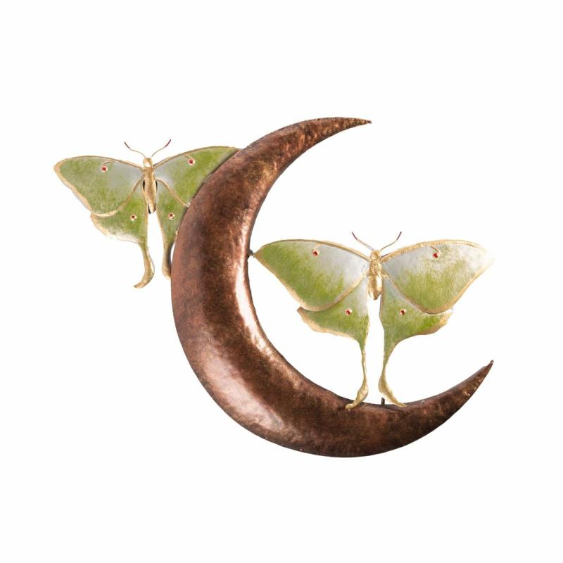 Wall Art |   Luna Moths And Crescent Moon Handcrafted Metal Wall Art, 1.25"W x 21"H x 14"D Home Decor Wall Art