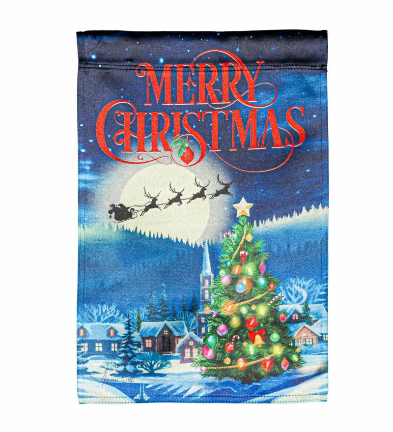 Garden Flags |   Santa’s Sleigh On Christmas Garden Lustre Flag, 12.5"W x 18"H x 0.02"D Garden Flags Garden Flags