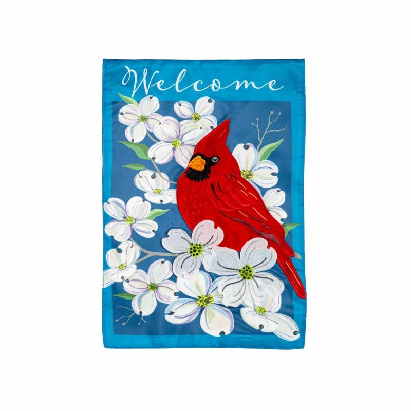 Garden Flags |   Spring Dogwood Cardinal Applique Garden Flag, 12.5"W x 18"H x 0.2"D Garden Flags Garden Flags