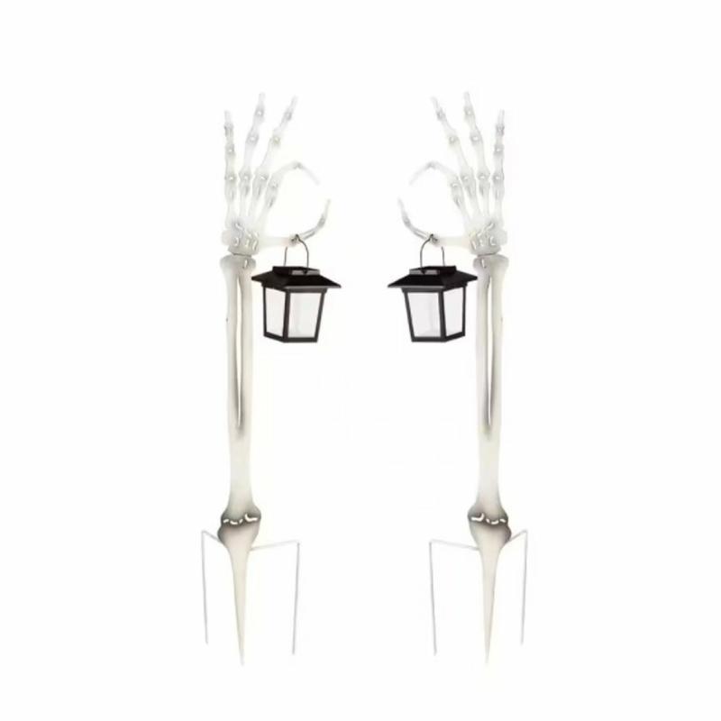 Garden Stakes |   29"H Skeleton Hand Garden Stake With Solar Flickering Light Lantern, Set Of 2, Garden Decor Garden Stakes