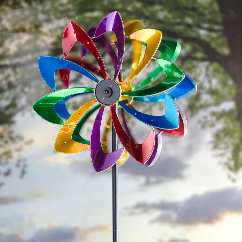 Kinetics & Wind Spinners |   Led Flower Metal Kinetic Solar Wind Spinner, 75"W x 24"H x 10.25"D Garden Decor Garden Stakes