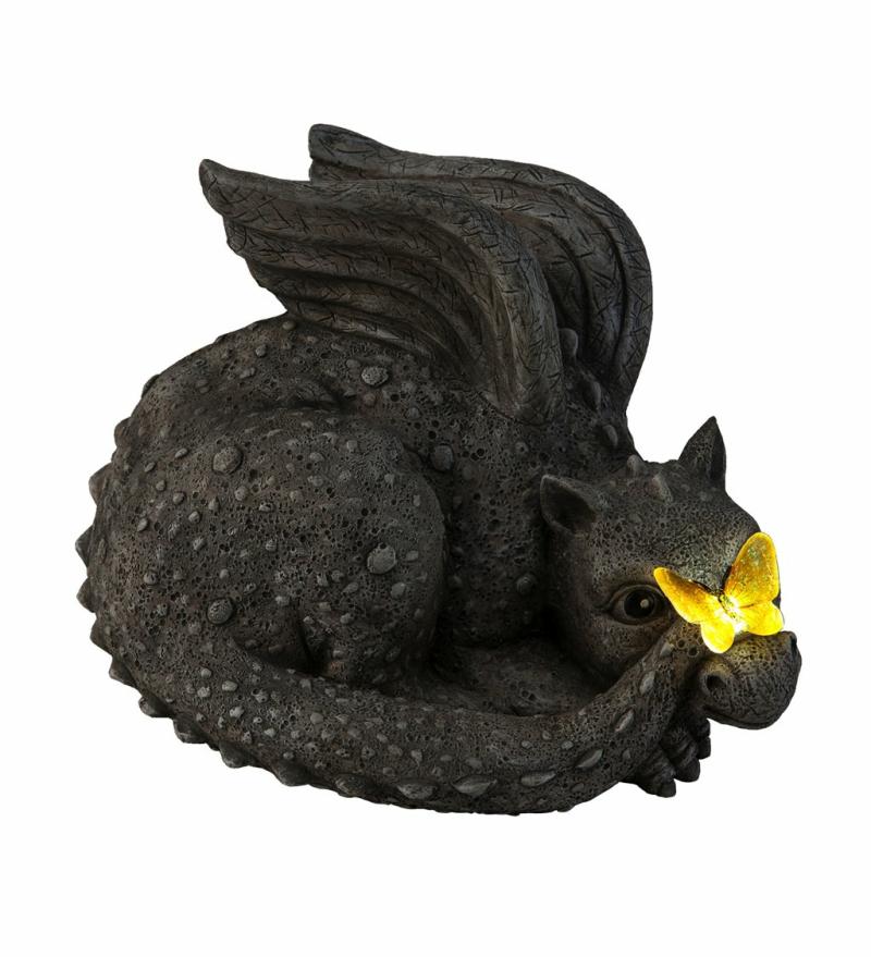 Statues & Sculptures |   8" Solar Dragon Baby With Butterfly, 6.7"W x 5.6"H x 8.3"D Garden Decor Statues & Sculptures