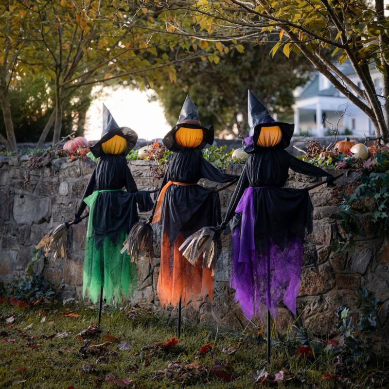 Statues & Sculptures |   Lighted Halloween Witches On Brooms Stakes, Set Of 3, 6.3"W x 52"H x 69"D Garden Decor Garden Stakes