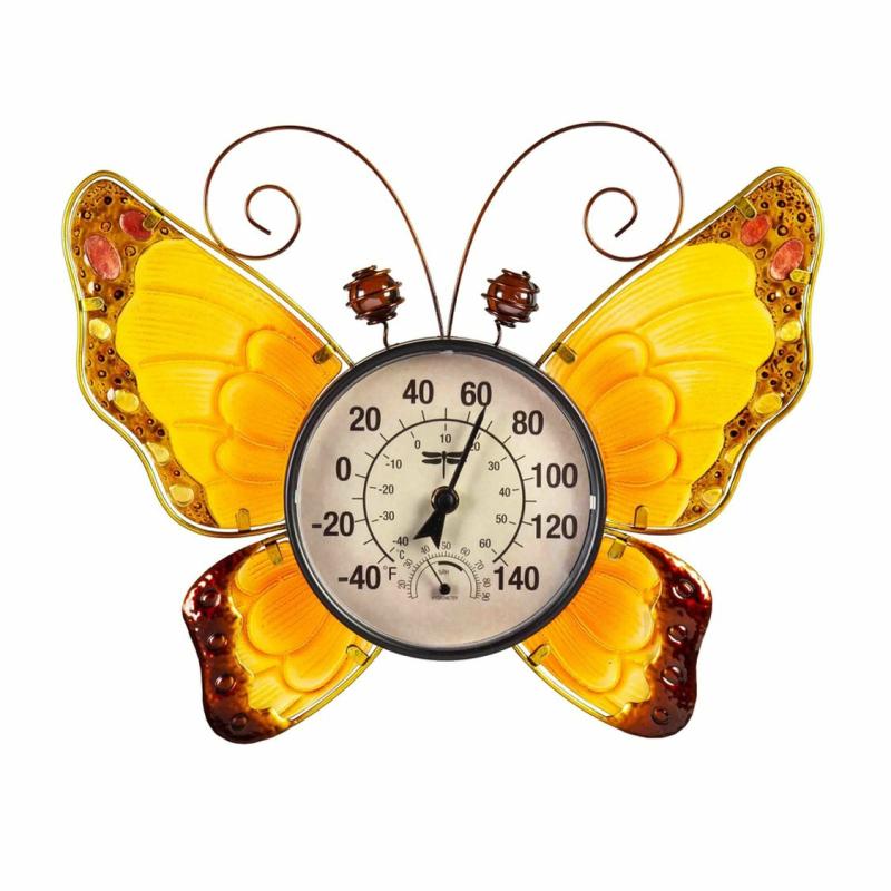 Thermometers & Rain Gauges |   Butterfly Outdoor Wall Thermometer, Yellow, 13.2"W x 12"H x 1.77"D Garden Decor Thermometers & Rain Gauges