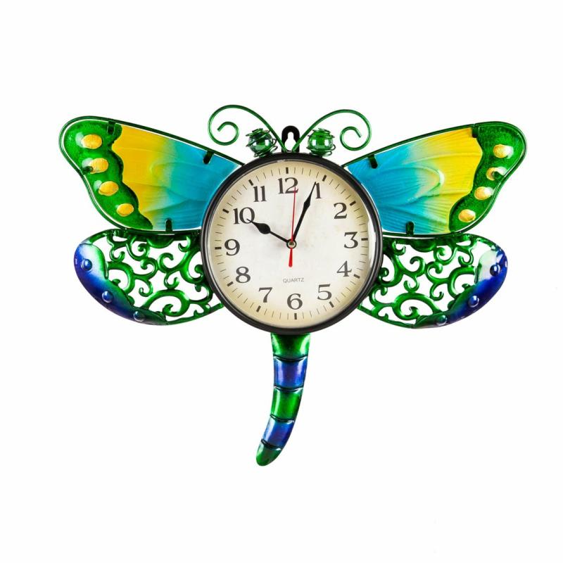 Wall Art |   Metal And Glass Shaped Wall Clock, Dragonfly, 1.25"W x 16.5"H x 12.75"D Home Decor Wall Art